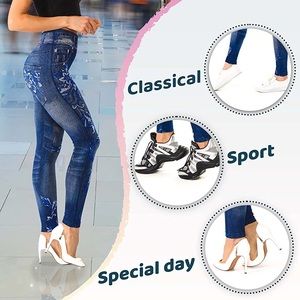 Slimming Fit Floral Denim Look Leggings Flattering Shape Fit For Butt & Tummy